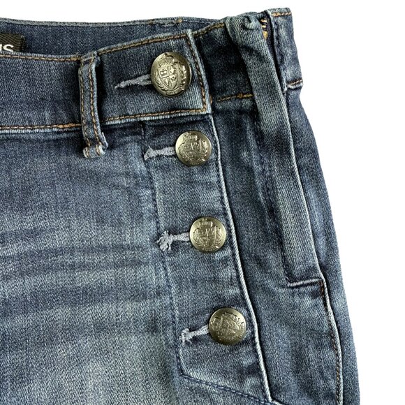 EXPRESS Bell Flare Mid Rise Blue Jeans Size 4 Nautical Button Stretch Denim - Picture 4 of 13